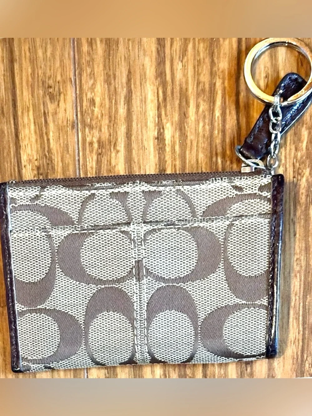 Coach Vintage Signature Jacquard Zip Card Purse Keyring Brown/Tan, Like New